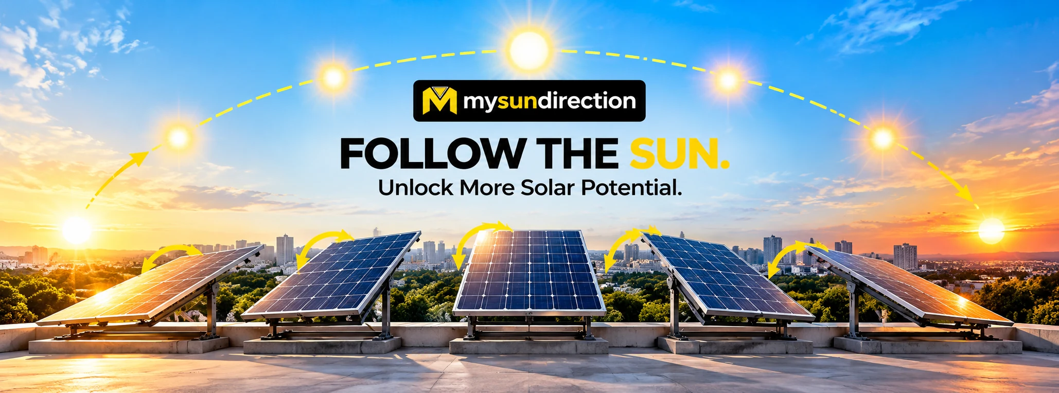 Wide Follow the Sun banner showing a stylized sunrise-to-sunset arc and five changing rooftop panel orientations.