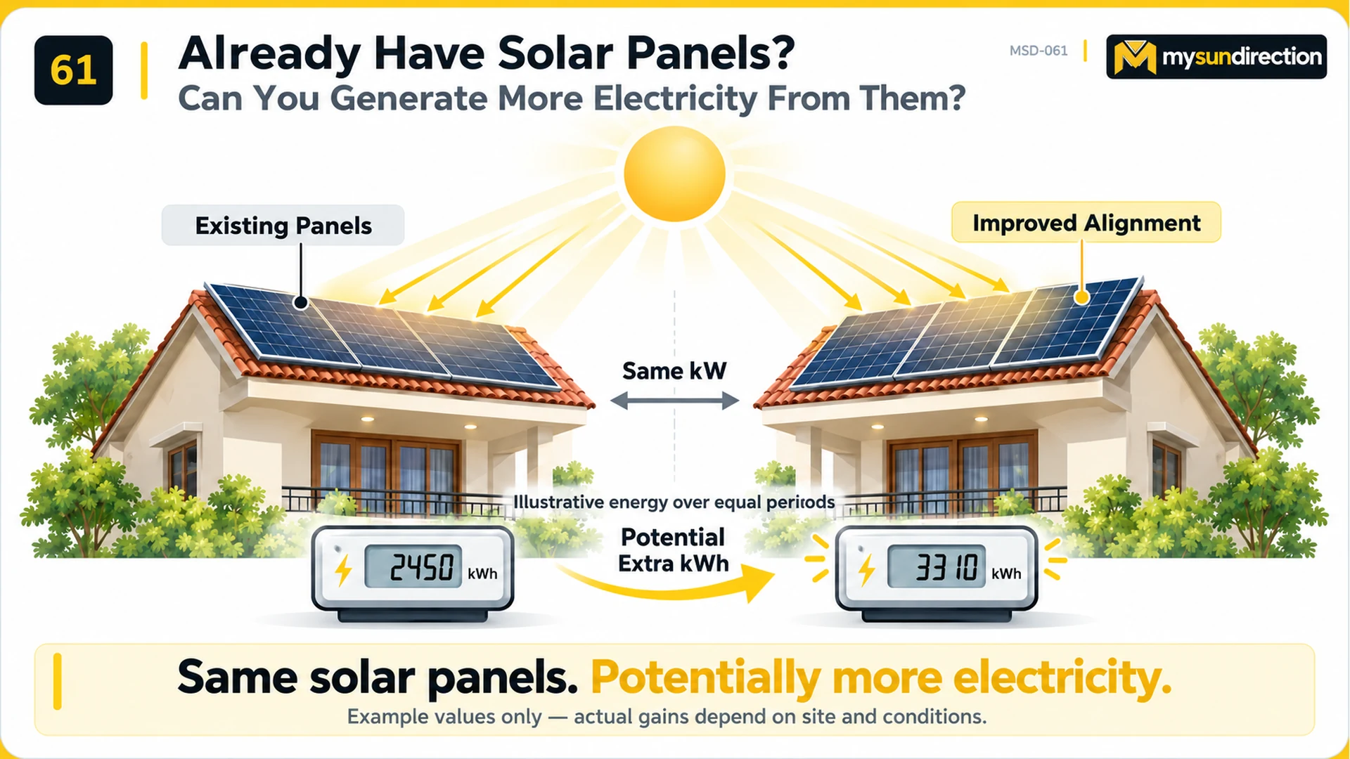 Two houses with the same rated solar capacity but different illustrative energy-meter totals after the second array's alignment is improved.