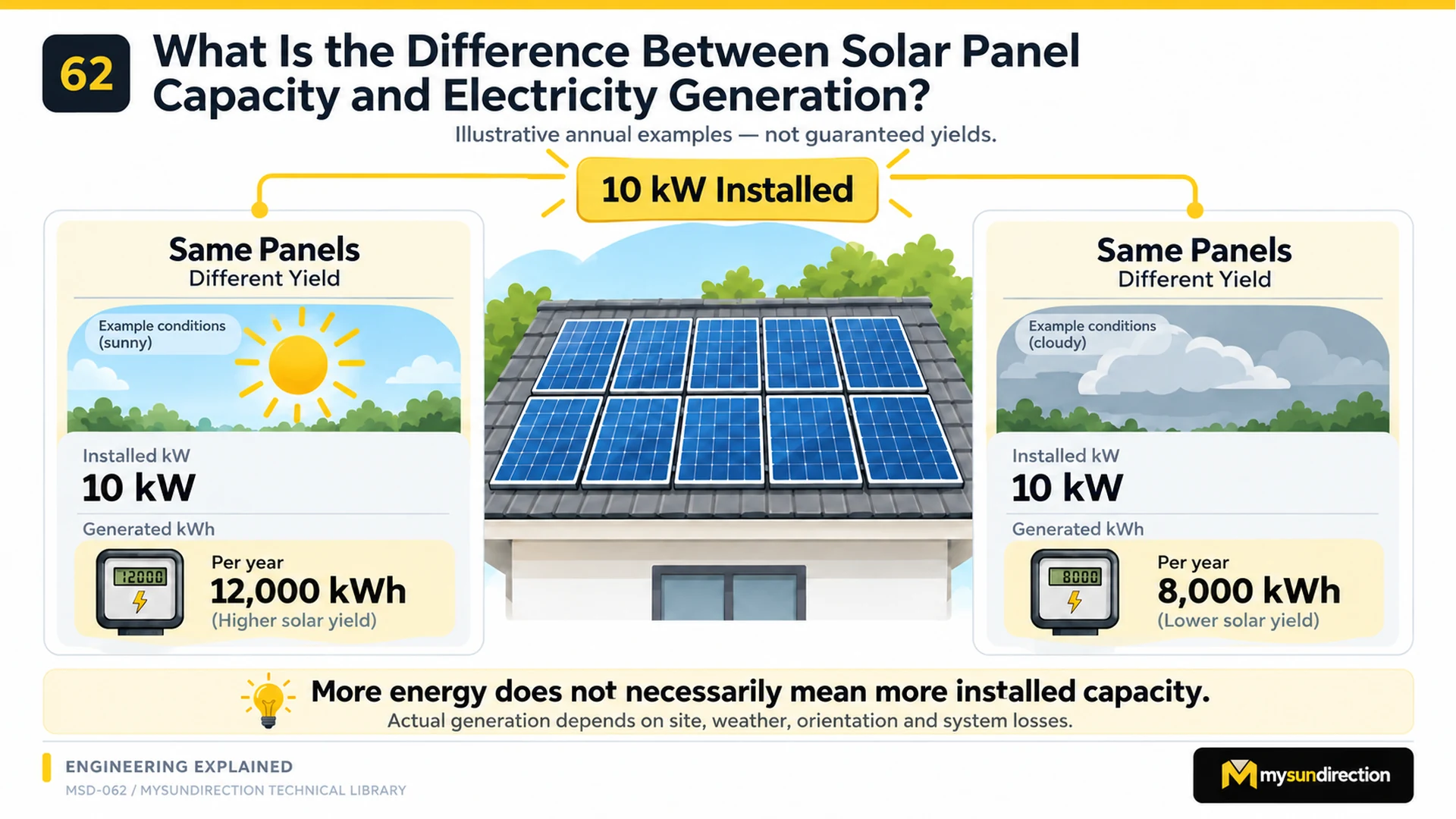 The same illustrative 10 kilowatt rooftop array paired with two different annual energy totals under sunny and cloudy example conditions.