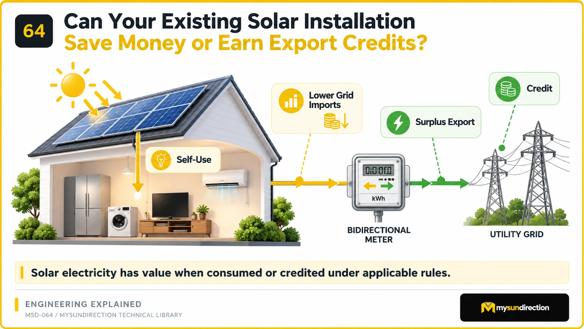 Rooftop solar serving household appliances first, then sending surplus through a bidirectional meter to the utility grid where an export credit may apply.