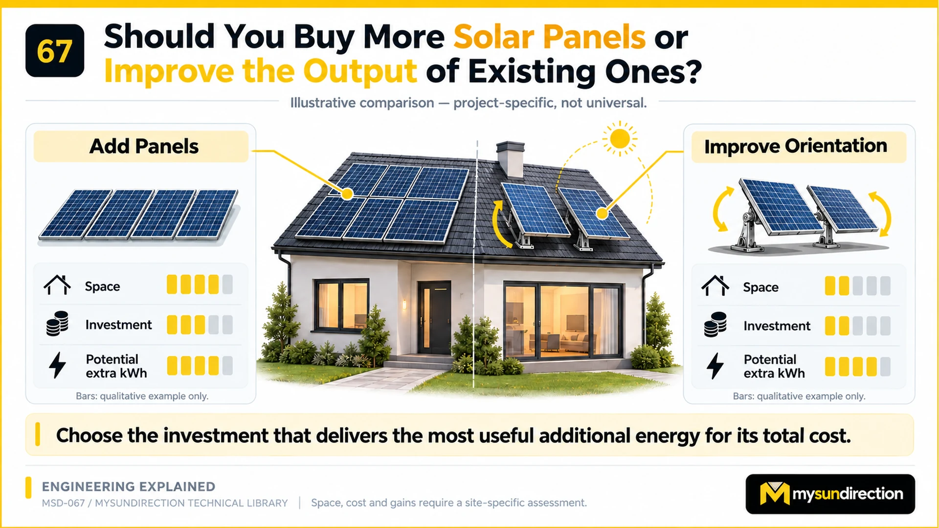 Comparison graphic showing extra fixed solar panels on one side and movable existing panels on the other, with qualitative bars for roof space, investment and potential extra energy.