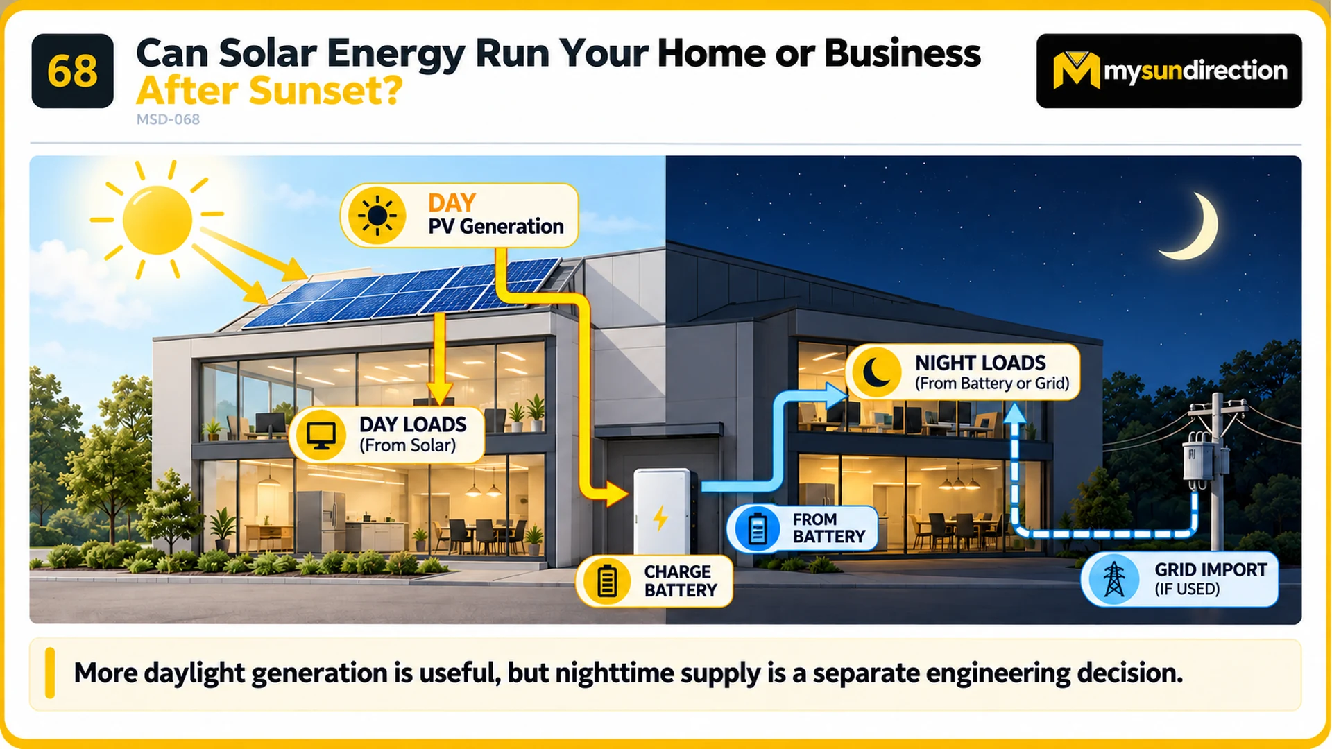 Split day-and-night building diagram showing daytime solar serving loads and charging a battery, then nighttime loads supplied by a battery or the utility grid.