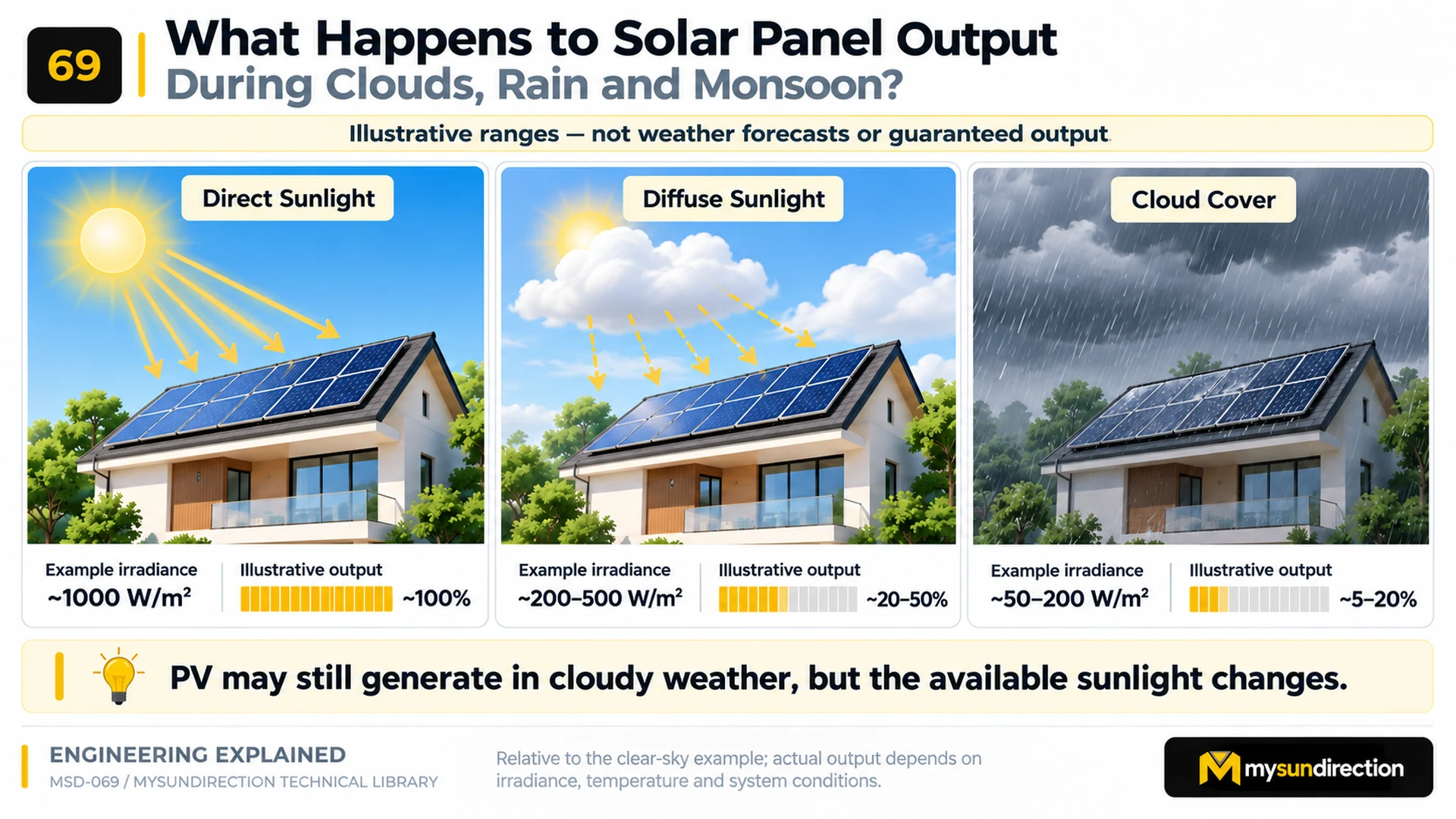 Three solar panels under direct sun, cloud and rain with illustrative irradiance and relative-output ranges that decrease as available light falls.