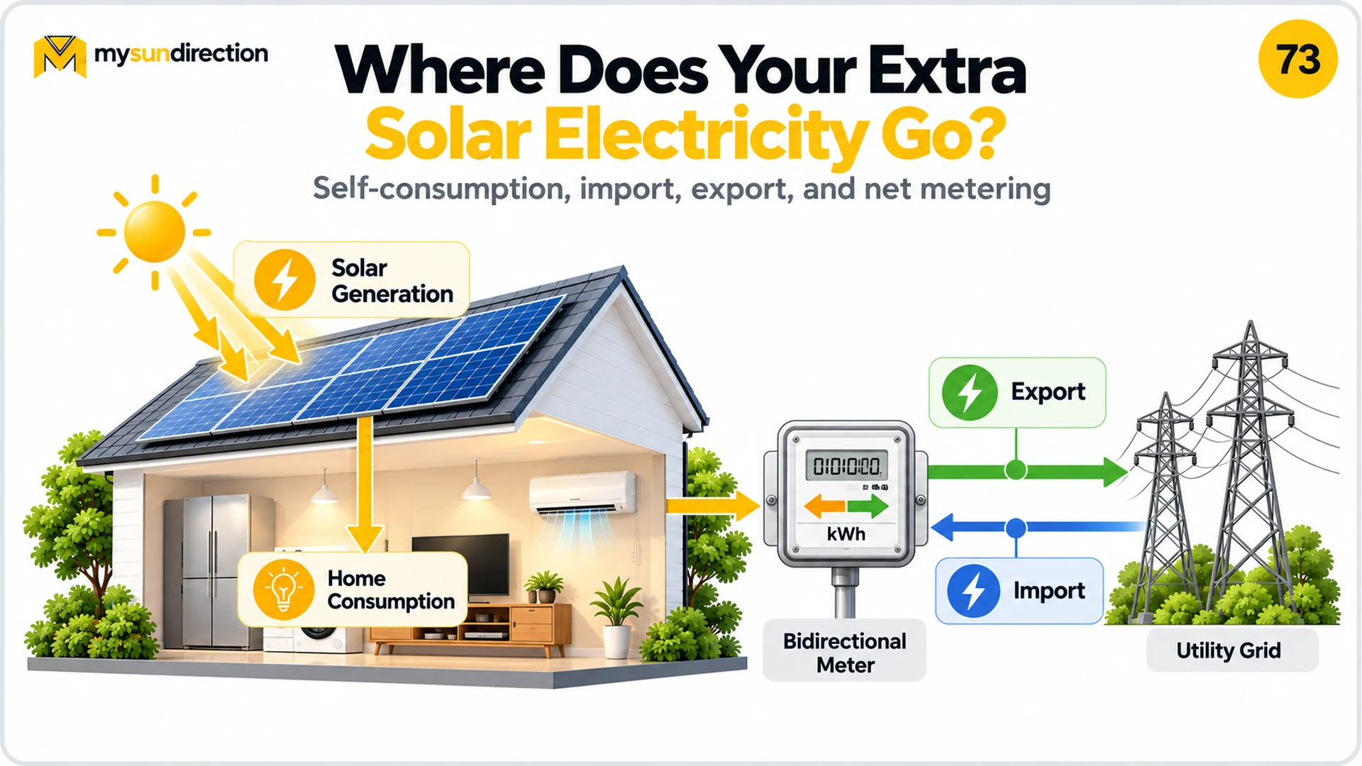 House with rooftop solar supplying home loads through a bidirectional meter, with a green arrow exporting surplus to the grid and a blue arrow importing when needed.