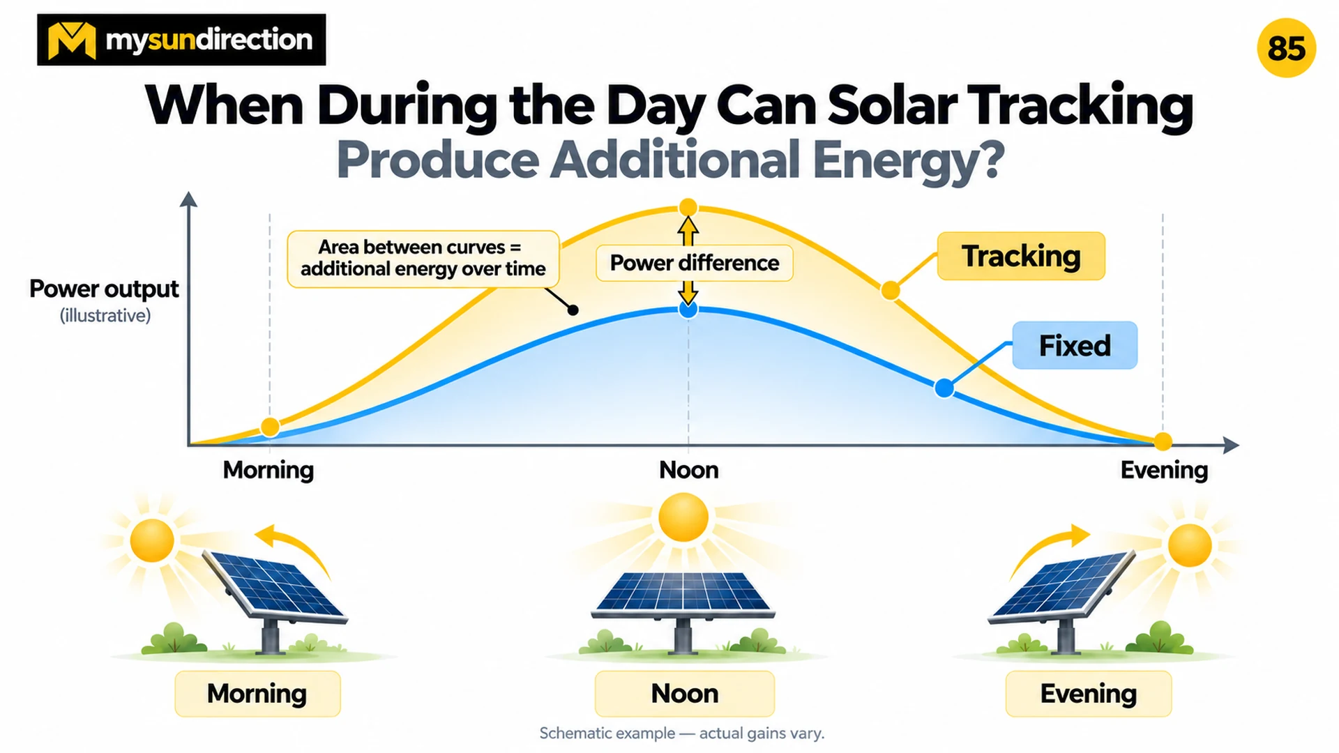 Illustrative daily power graph with a yellow tracking curve above a blue fixed-panel curve and the area between them labeled as additional energy.