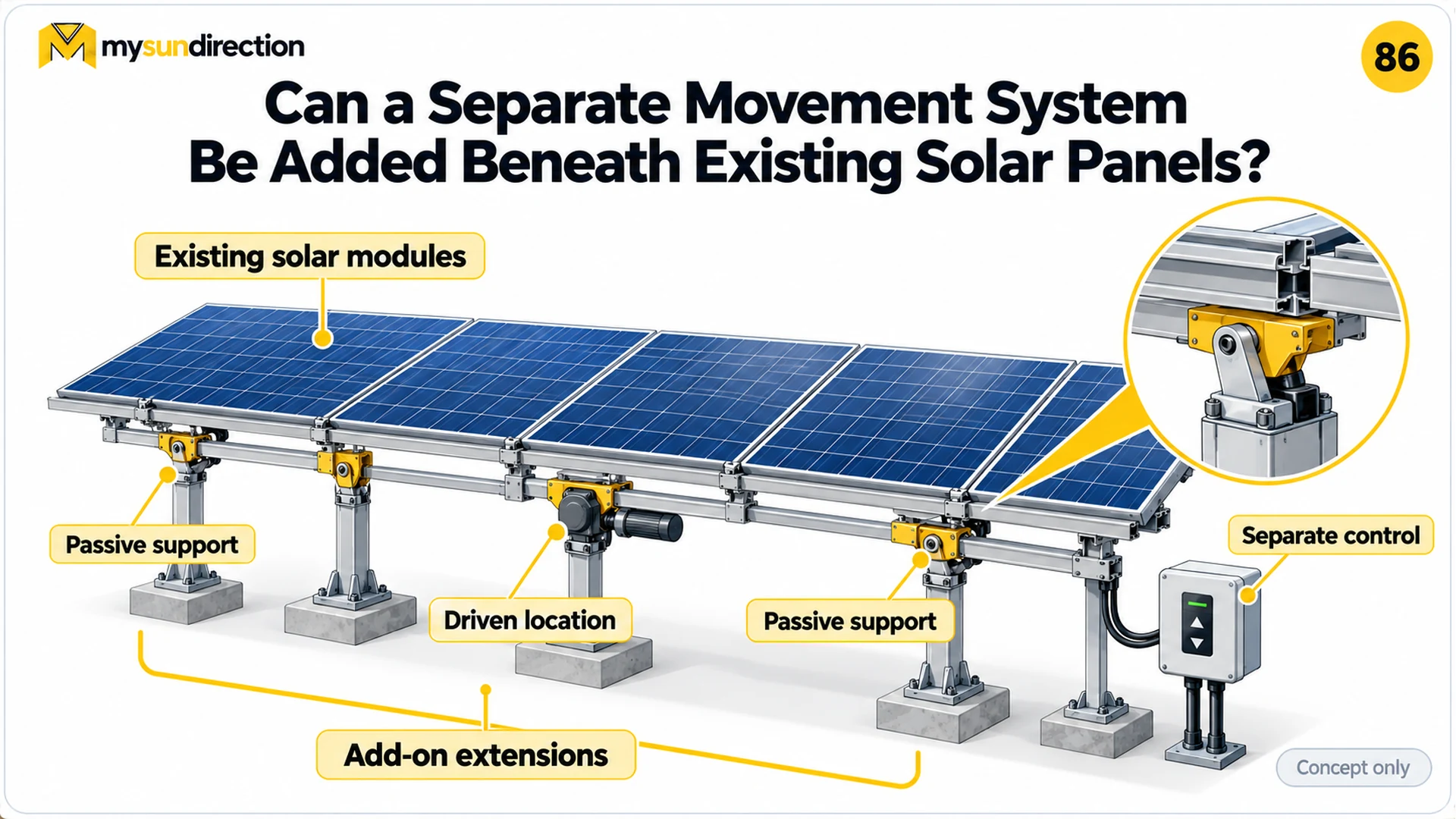 Concept row of existing solar modules supported by several add-on posts, with one motor-driven location, passive pivots and a separate controller.