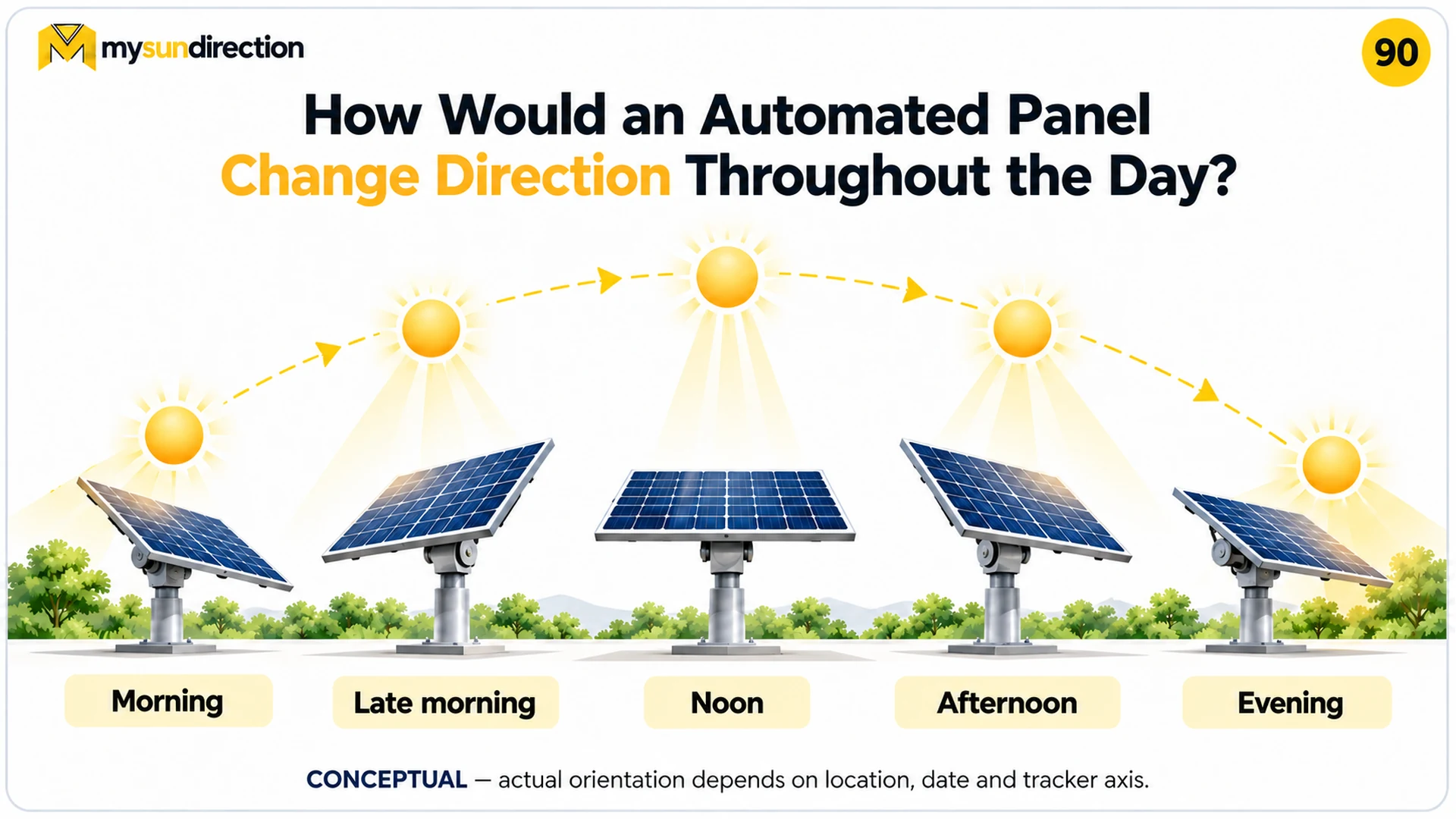Five conceptual solar tracker orientations from morning through evening beneath an apparent Sun arc.