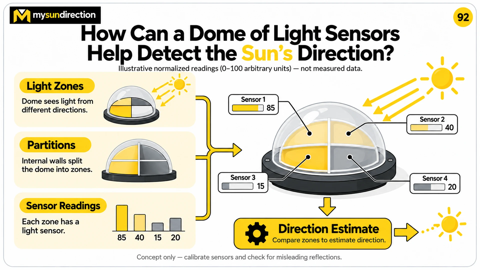 Partitioned transparent dome with four light-sensor zones and illustrative normalized readings 85, 40, 15 and 20 used to estimate light direction.