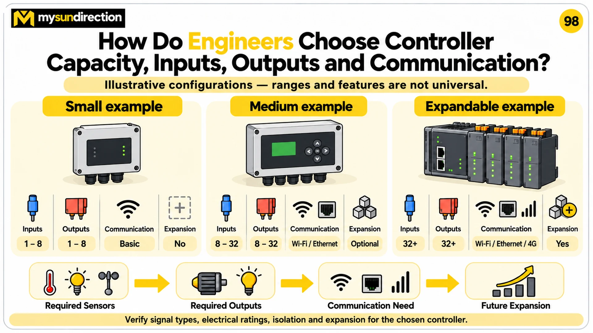 Illustrative small, medium and expandable automation controllers compared by inputs, outputs, communication and expansion, followed by a requirements flow.