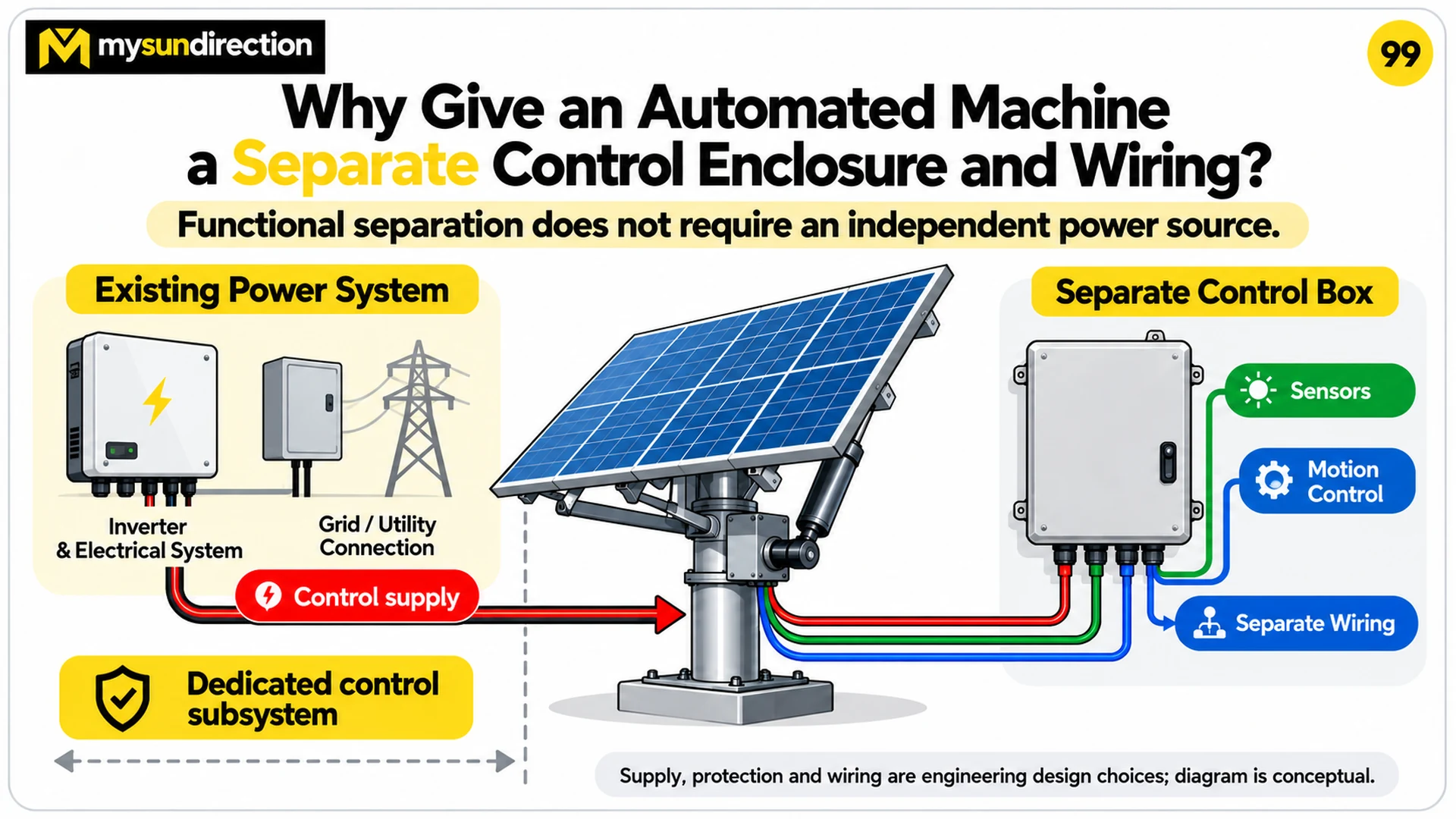 Solar tracking machine supplied from an existing electrical system while sensors and motion control wiring terminate in a separate control enclosure.