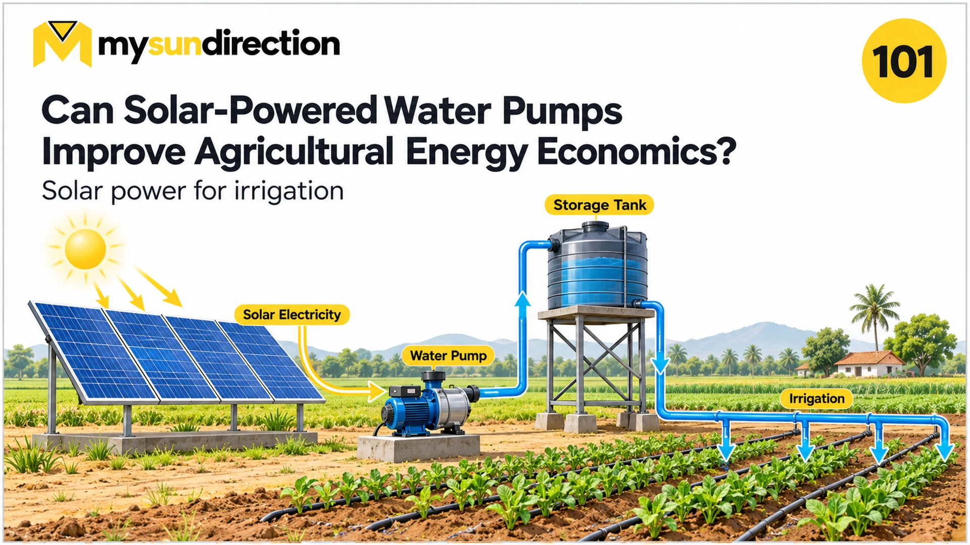 Solar panels power a water pump that fills an elevated storage tank, which then supplies drip irrigation across crop rows.