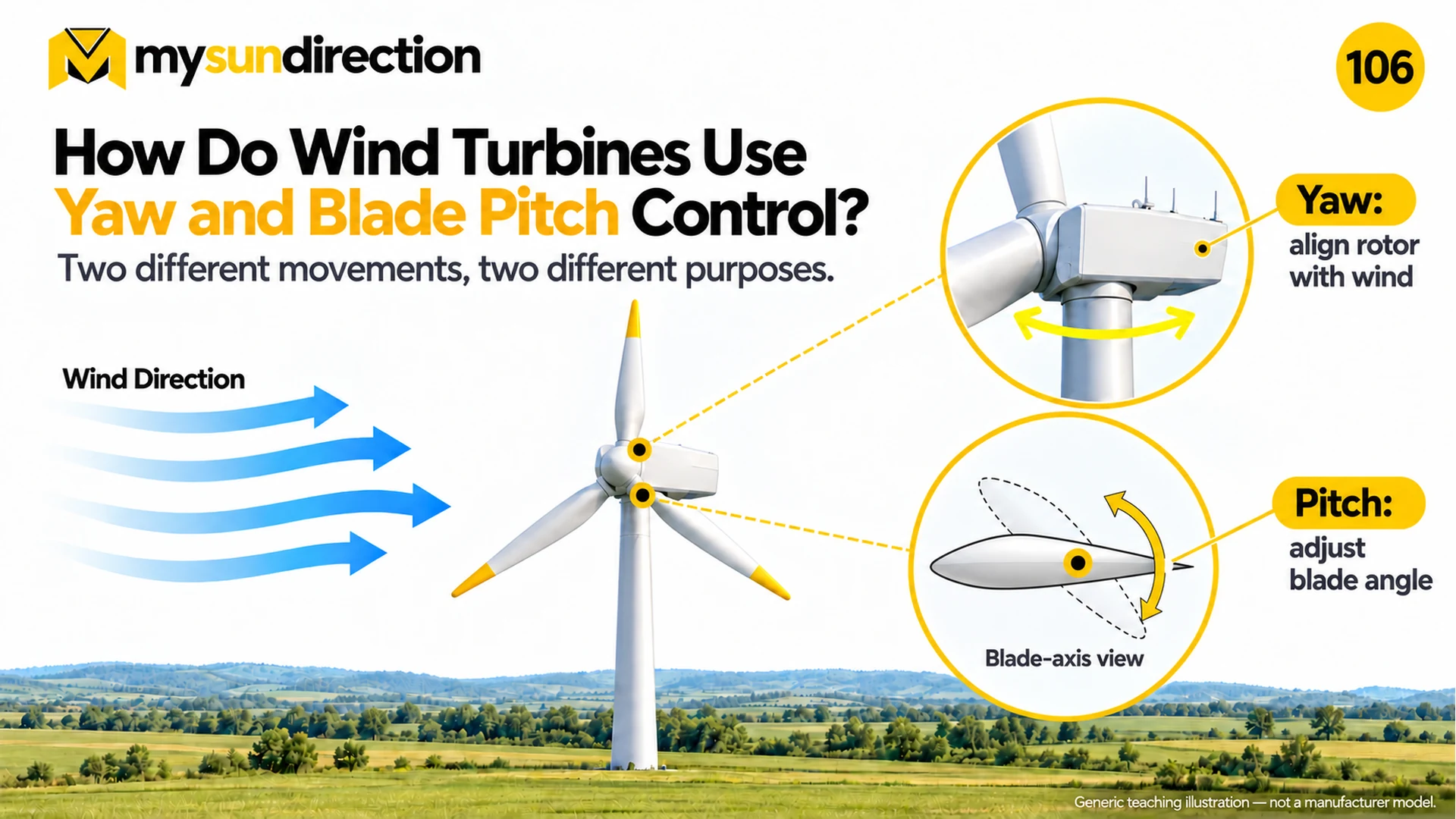Wind turbine with separate enlarged diagrams showing nacelle yaw around the tower and blade pitch around a blade's longitudinal axis.