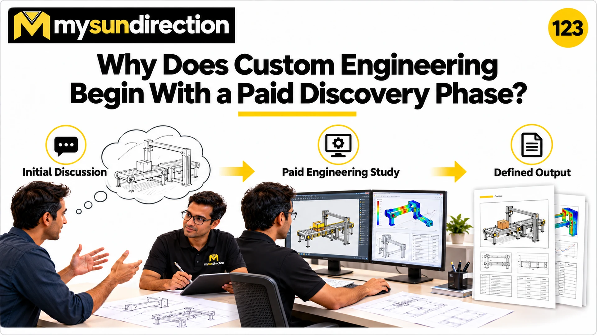 A conceptual progression from initial machine discussion through engineering analysis to a package of drawings and study documents.