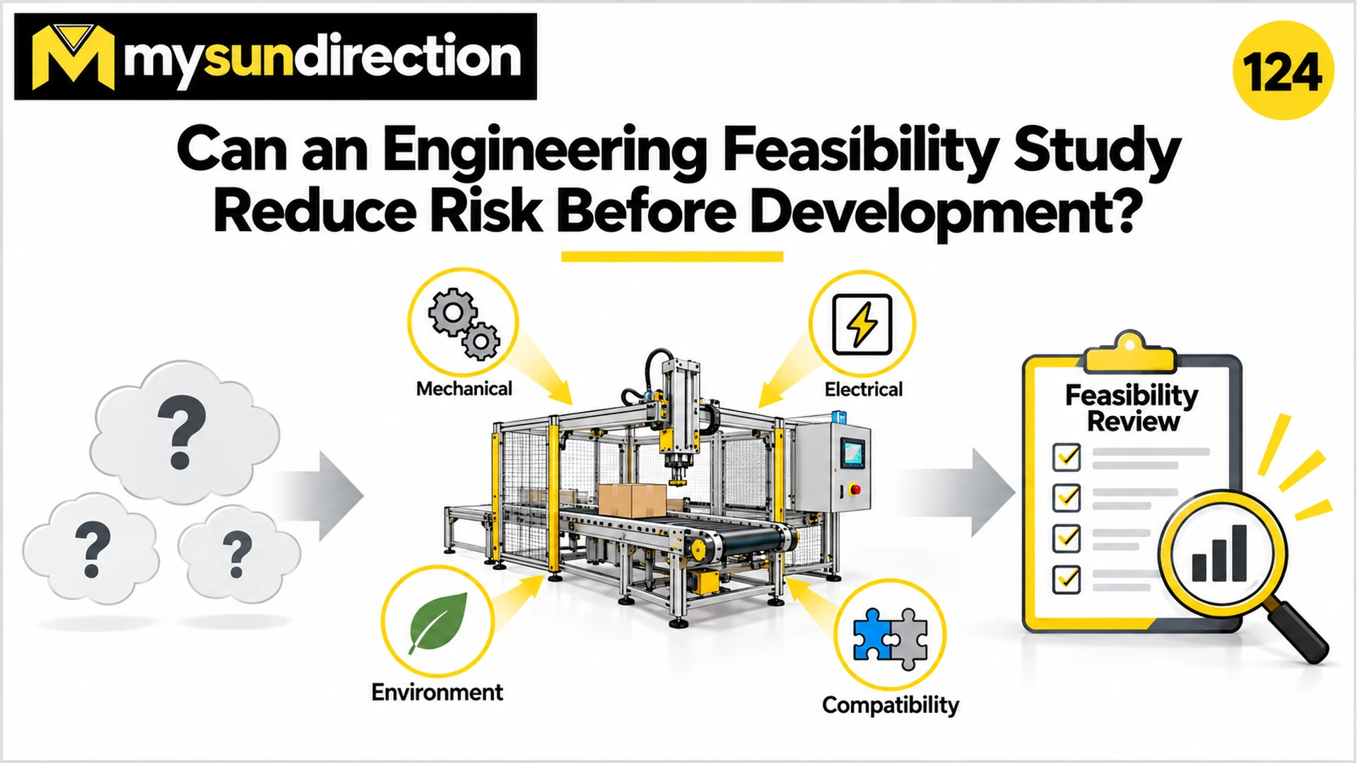 A conceptual custom machine examined for mechanical, electrical, environmental and compatibility concerns before a feasibility review.