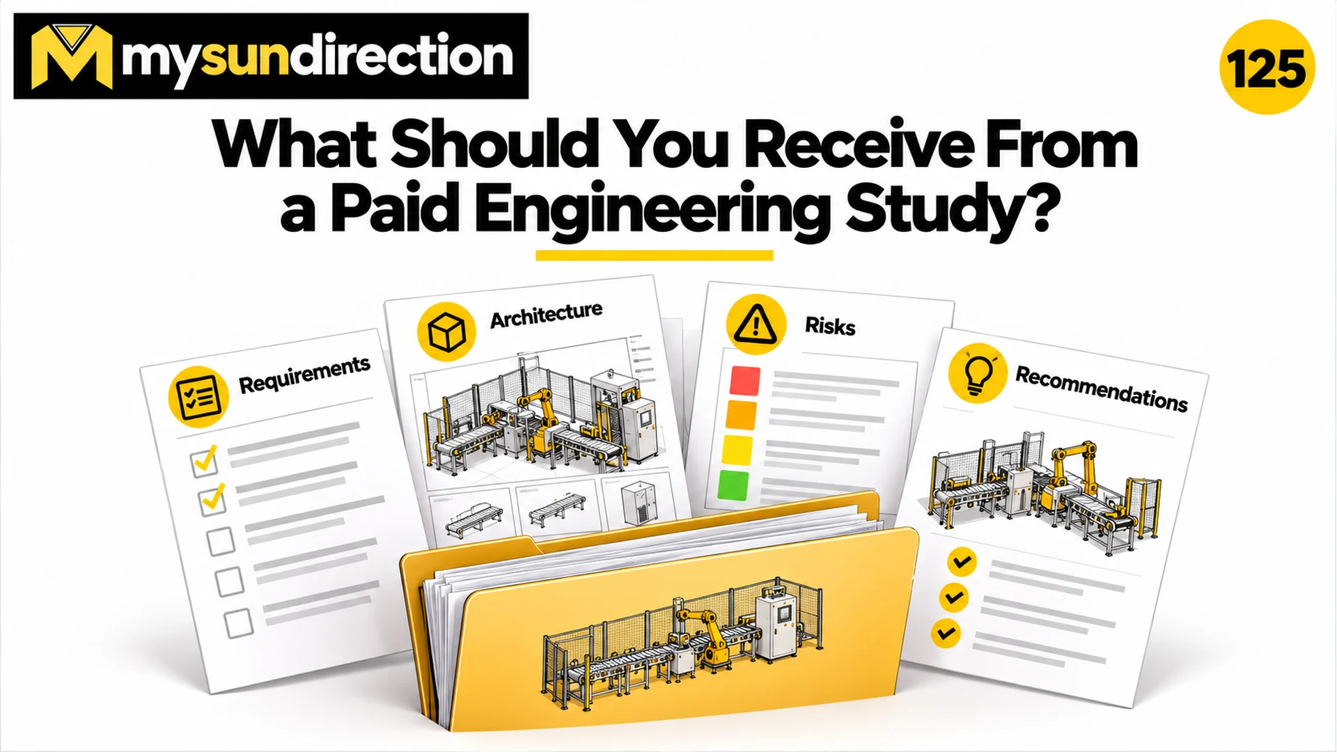 Illustrative engineering-study folder surrounded by requirements, architecture, risk and recommendation documents.
