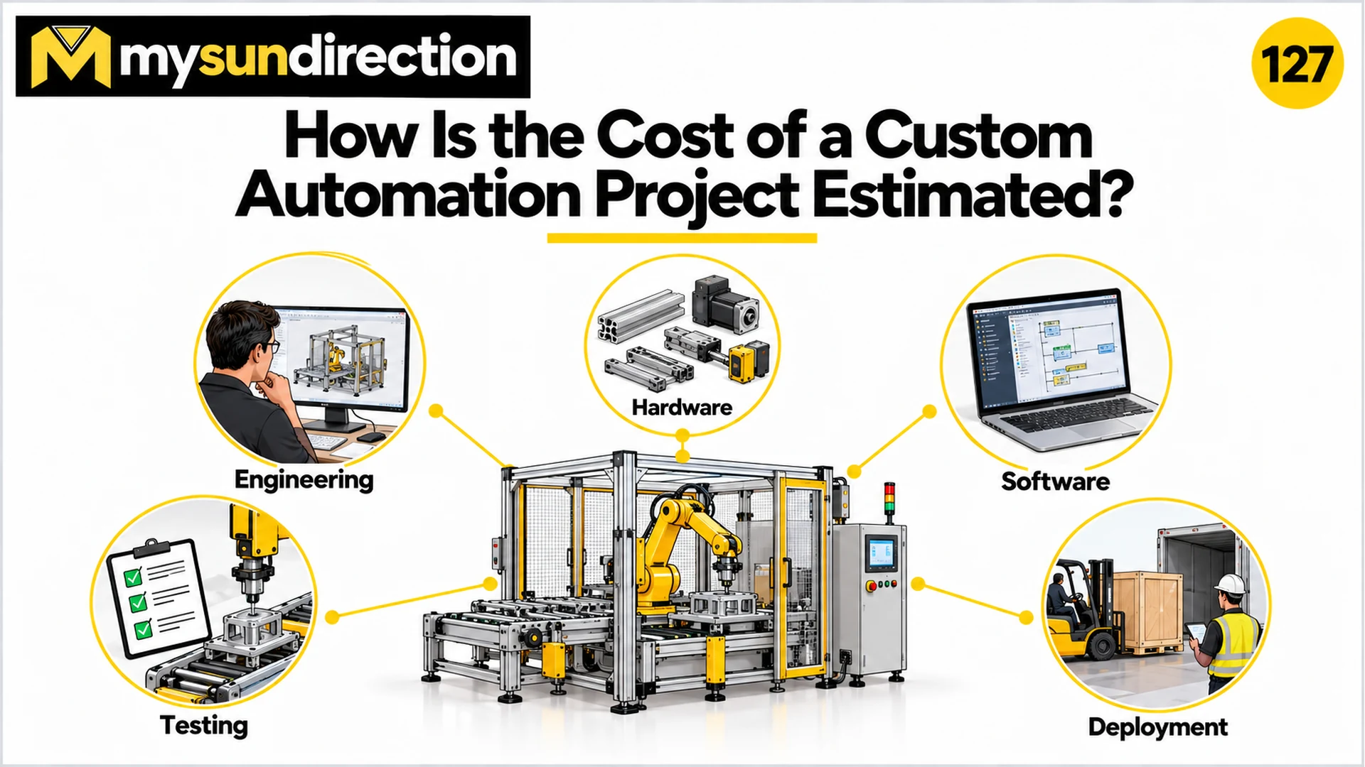 Custom automation machine surrounded by engineering, hardware, software, testing and deployment cost categories.