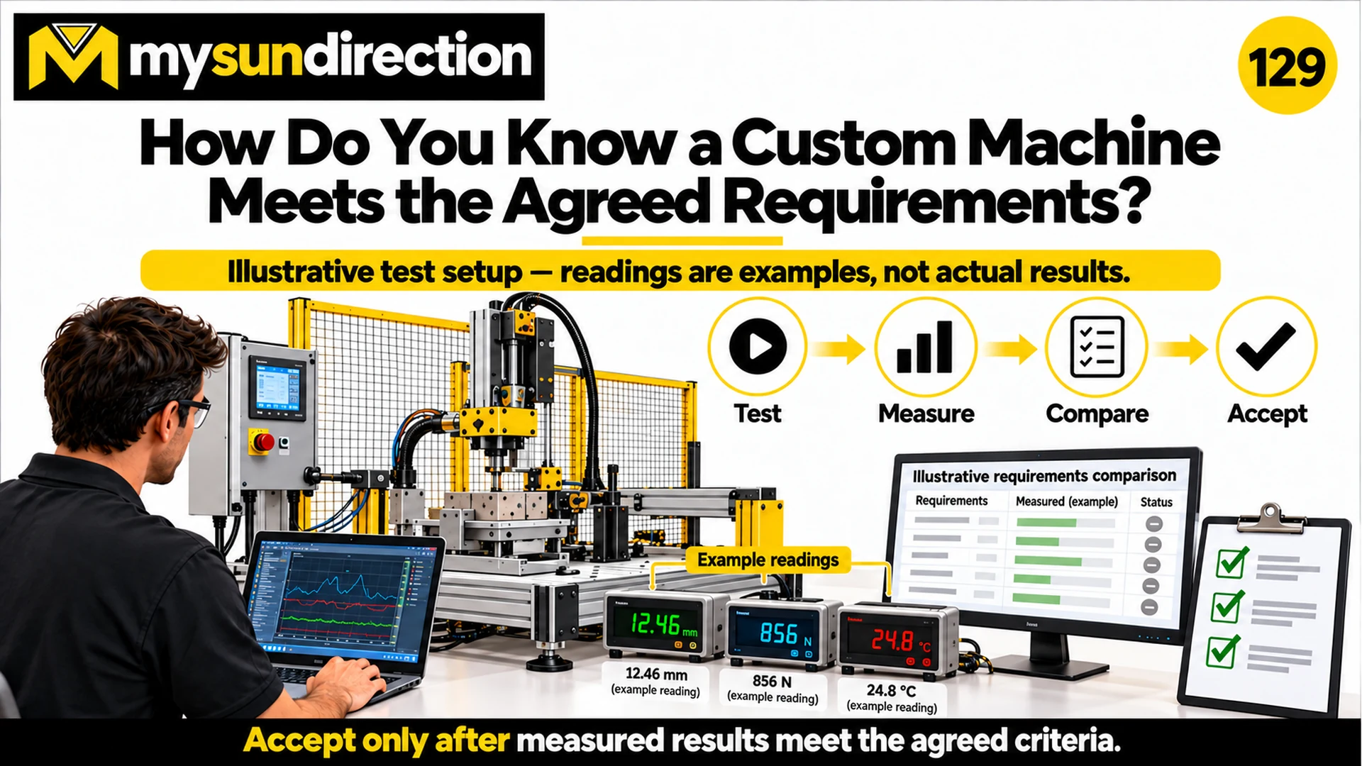Illustrative custom-machine test setup with example displacement, force and temperature readings compared with a requirements checklist.