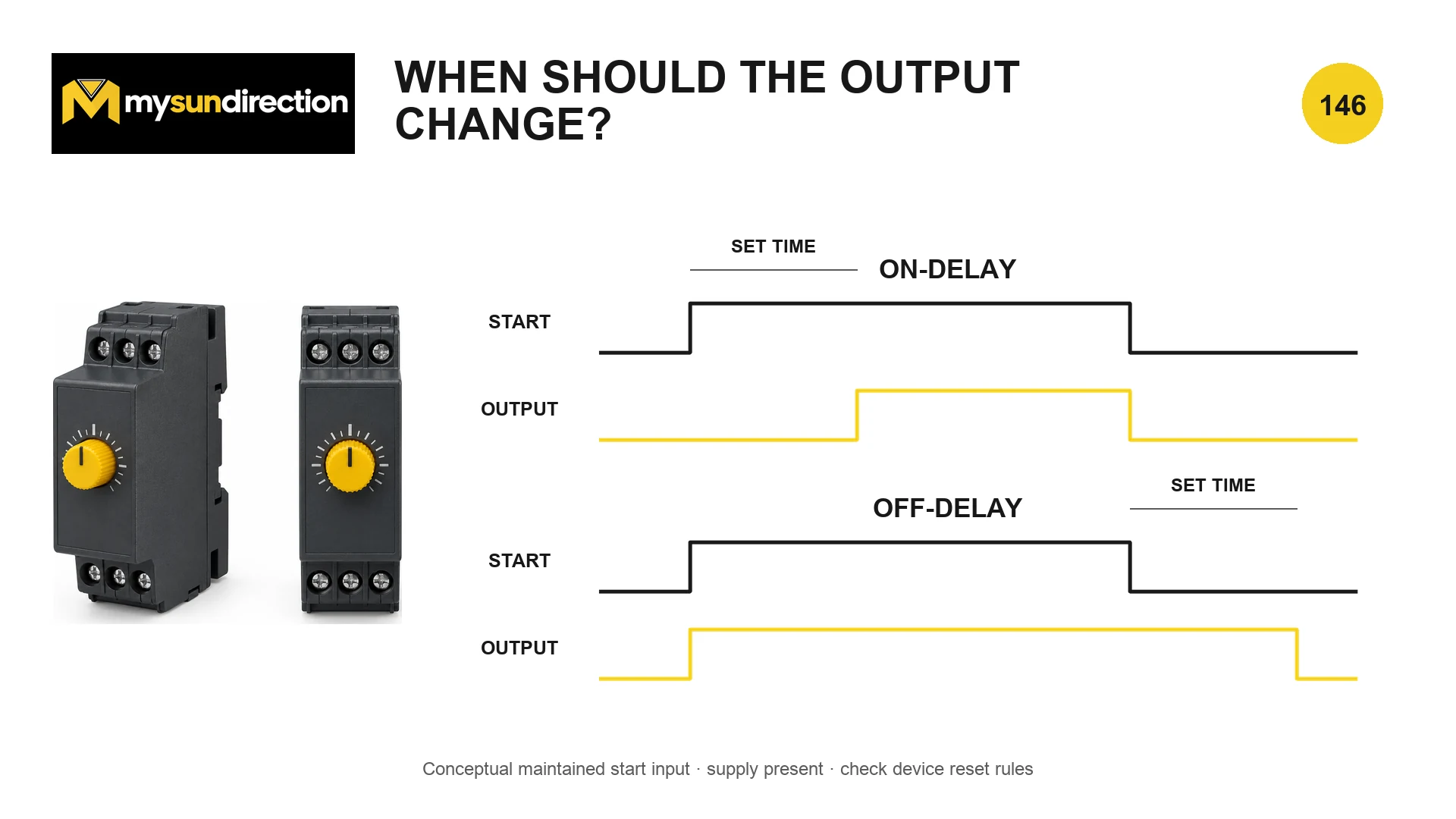 Conceptual on-delay and off-delay waveforms comparing a maintained start signal with the timer output and marked set-time intervals.