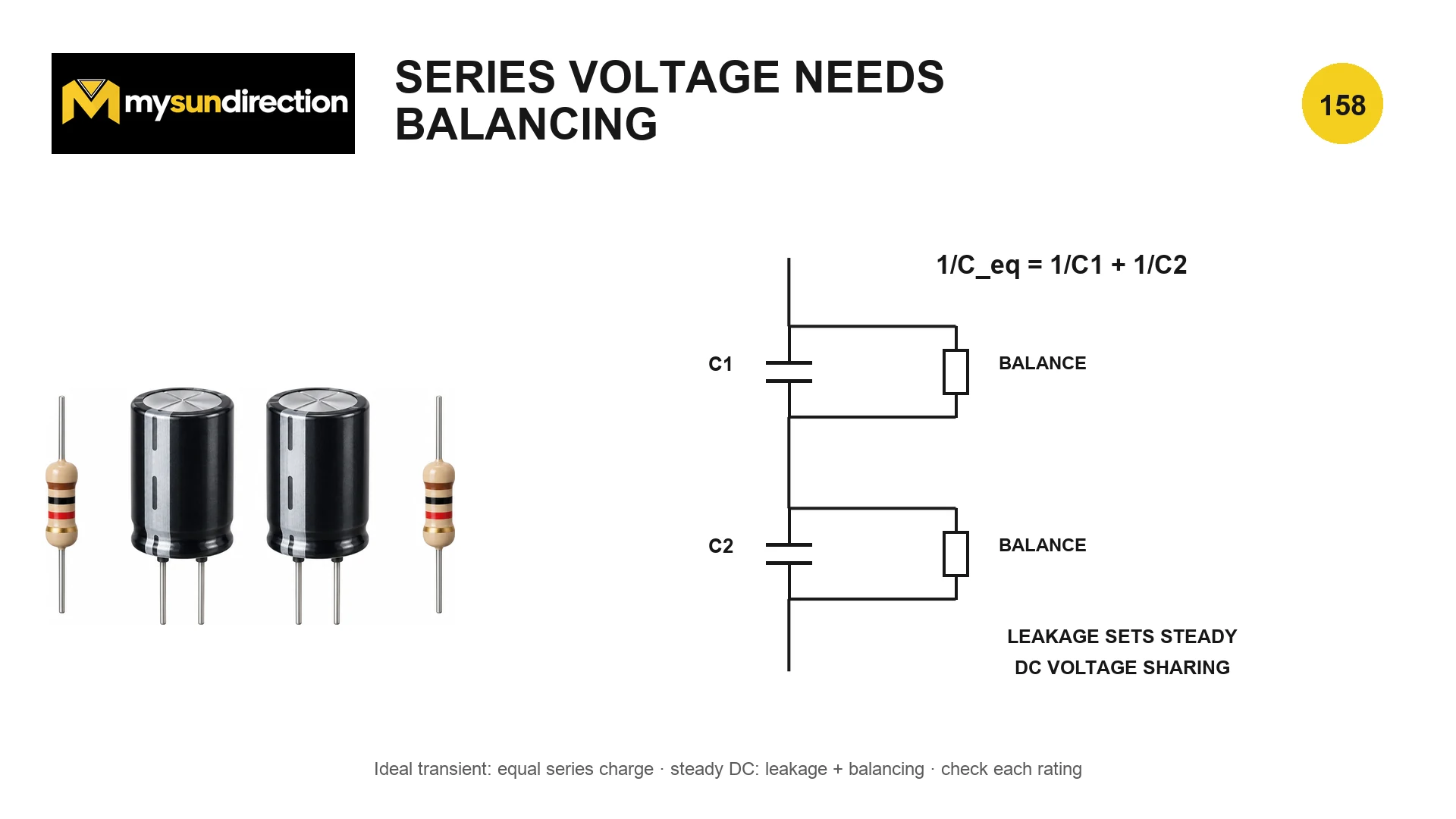 Two electrolytic capacitors in series with a balancing resistor across each, showing reciprocal equivalent capacitance and warning that leakage controls steady DC voltage sharing.