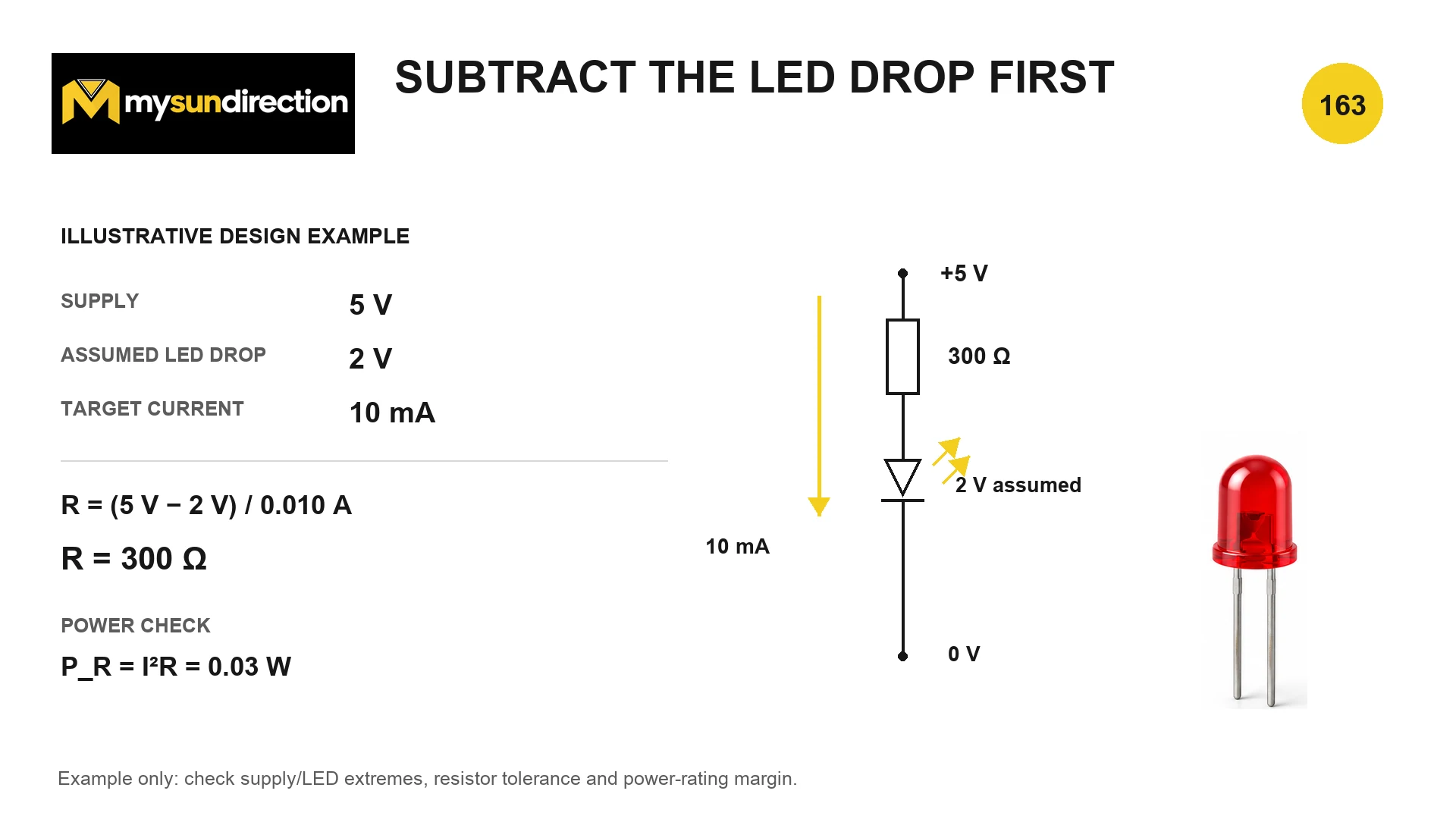 Five-volt source, 300-ohm resistor and red LED carrying 10 milliamperes, with calculation using an assumed two-volt LED drop.