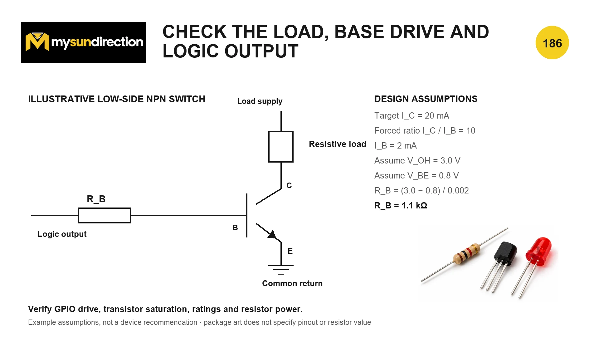 Illustrative low-side NPN transistor switch with a base resistor, grounded emitter, resistive collector load and a worked 20 milliamp collector-current base-drive example.