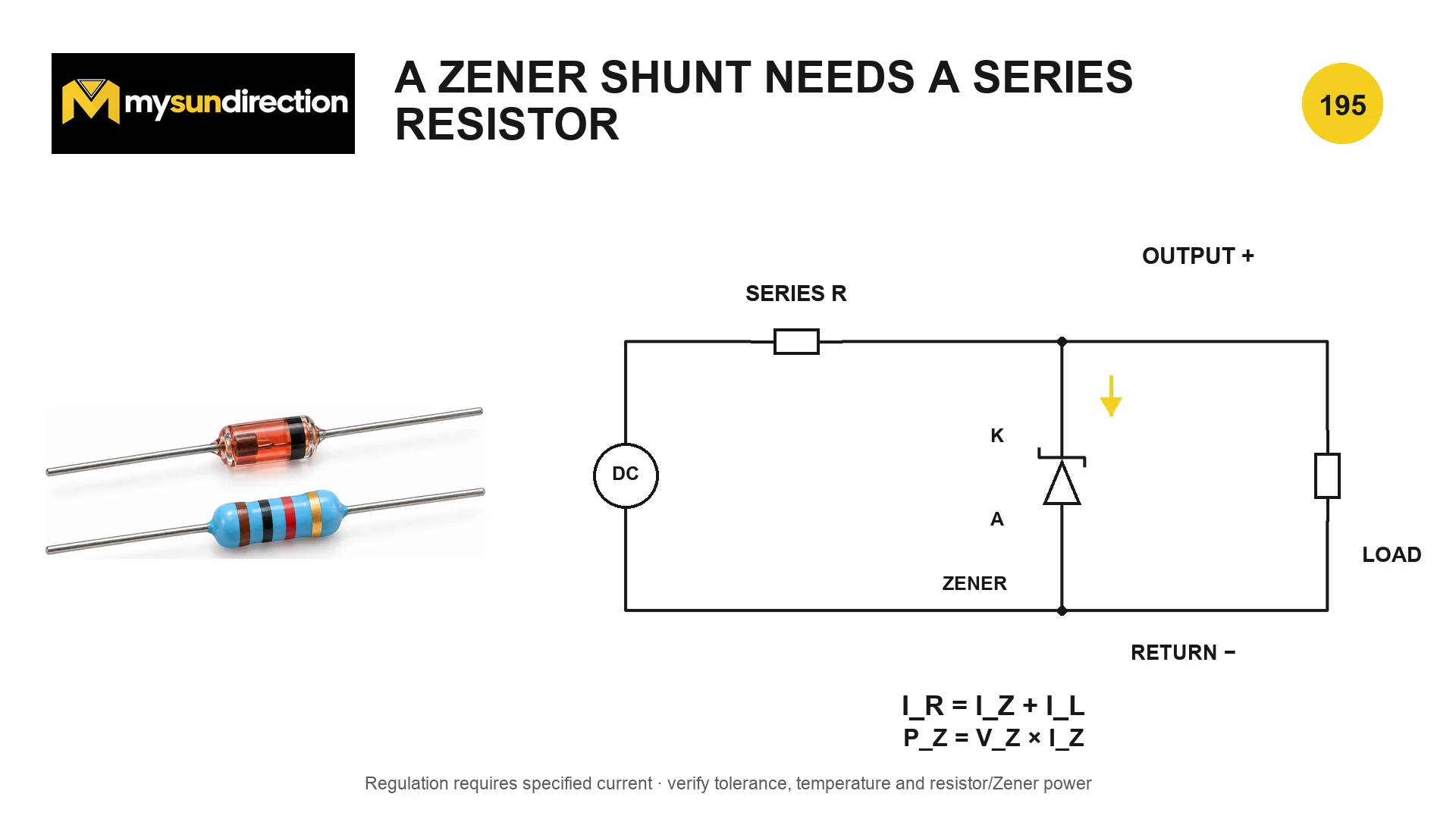 Zener shunt circuit supplied through a series resistor, with load and Zener currents branching at the regulated output node.