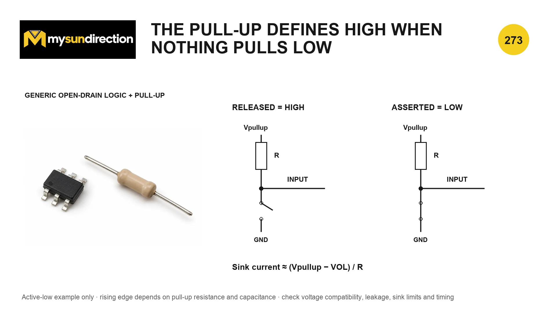 Generic active-low open-drain signal with a pull-up resistor: released transistor gives a high input and asserted transistor sinks current to produce a low input.