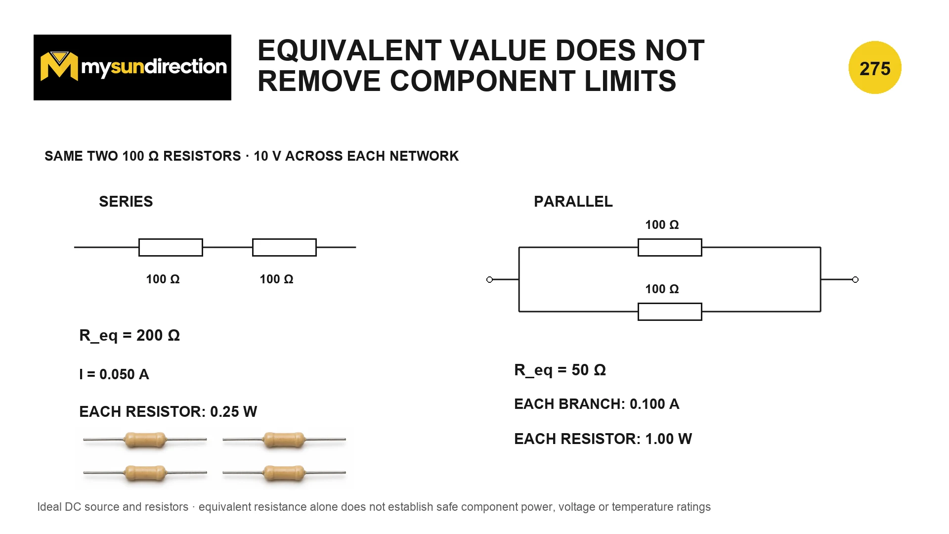 Two 100-ohm resistors compared in series and parallel across 10 volts, showing different equivalent resistance, current and individual resistor power.