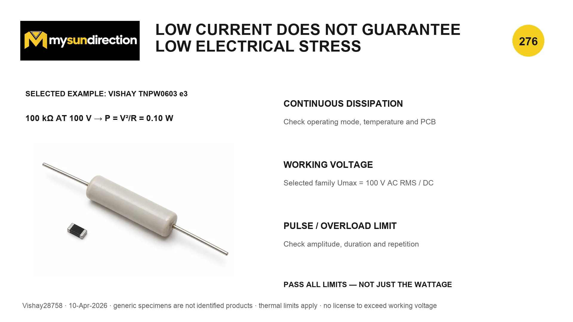 Worked Vishay TNPW0603 e3 example showing 100 kilo-ohms at 100 volts, one milliampere and 0.10 watt, followed by separate power, working-voltage and pulse checks.