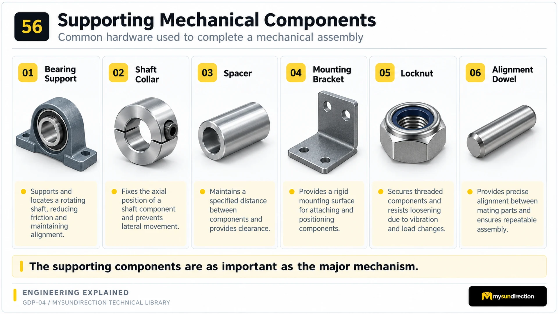 Six common mechanical support parts: bearing support, clamping shaft collar, spacer, angle bracket, locking nut and cylindrical alignment dowel.
