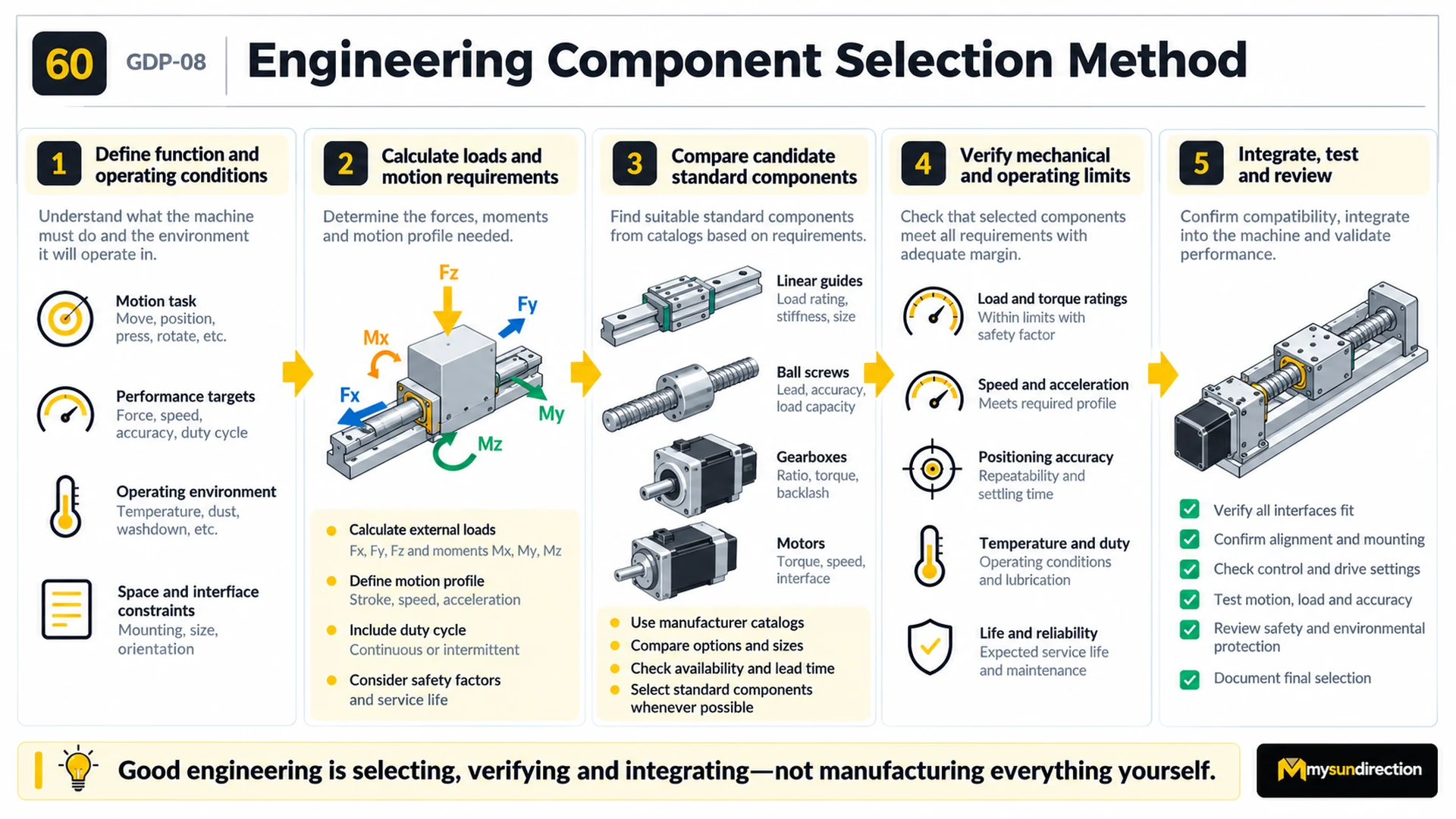 Five-stage engineering component selection method from function and load calculations through candidate comparison, limit verification and integrated testing.
