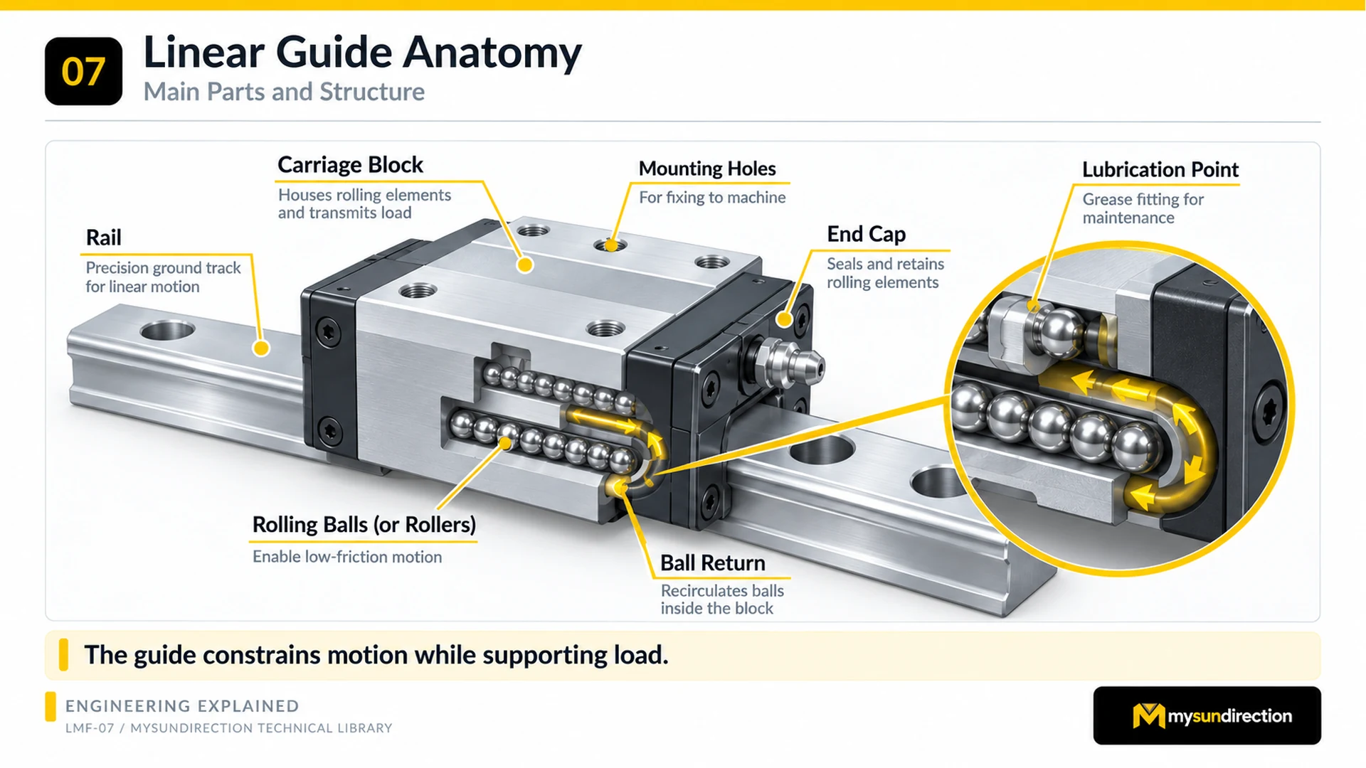 Cutaway profiled linear guide showing the rail, carriage block, rolling balls, internal return path, end cap, mounting holes and lubrication point.