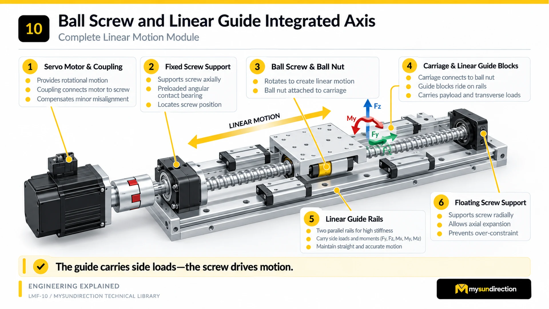 Integrated ball-screw axis with motor, coupling, fixed and floating screw supports, ball nut, carriage, two guide rails, and arrows representing forces and a moment.