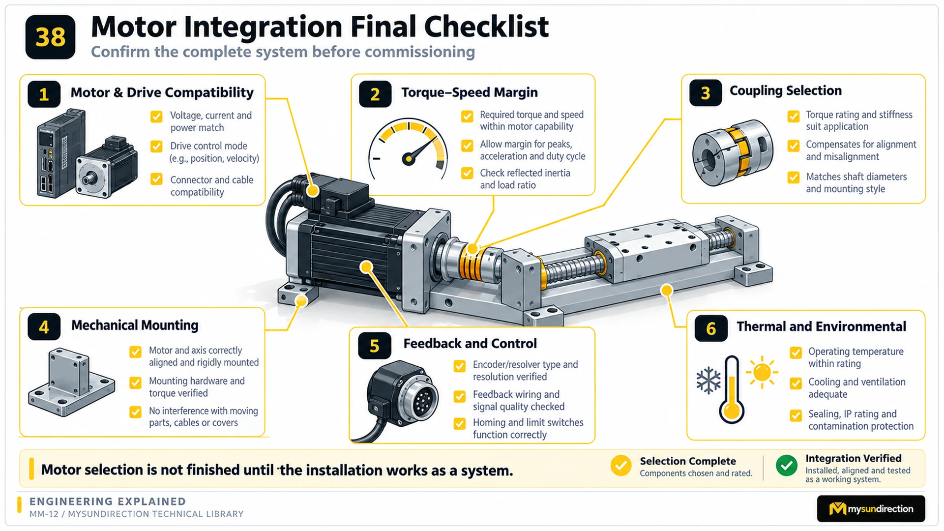 Completed linear axis surrounded by checks for motor-drive compatibility, torque-speed margin, coupling, mounting, feedback and environment.