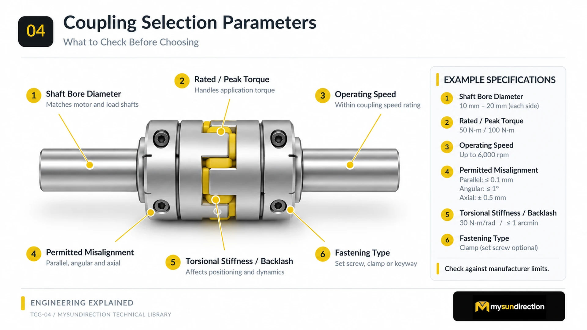 Coupling selection diagram labeling shaft bores, rated and peak torque, operating speed, permitted angular parallel and axial displacement, torsional stiffness, backlash and fastening type.