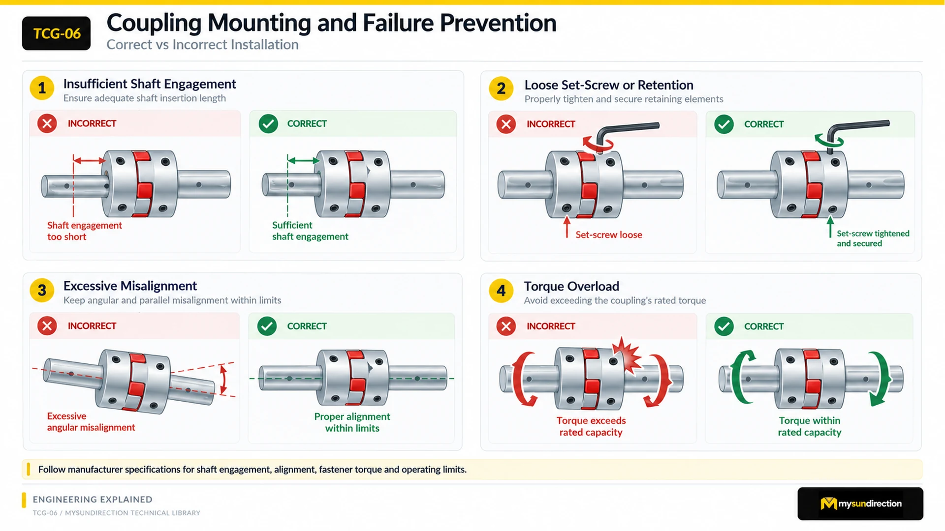 Four paired incorrect and correct coupling-installation examples for shaft engagement, fastener retention, alignment and torque loading.